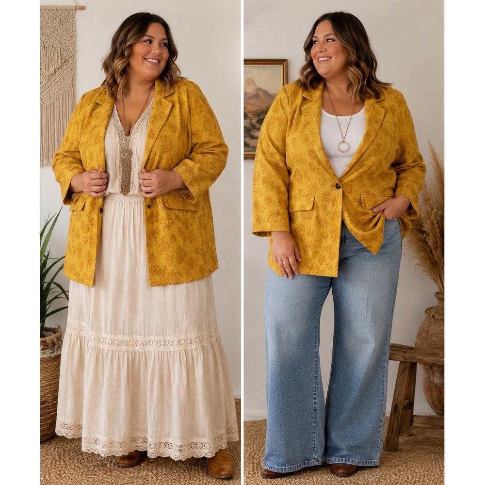 Sundance Mustard Gold Linen Jacquard Long Blazer Duster Jacket Petite Large
